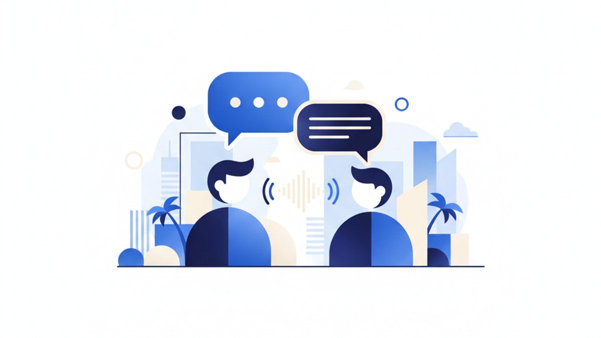 Grupo de adultos practicando una conversación en inglés durante una clase virtual, con gestos y expresiones de confianza