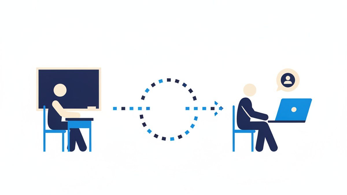 Ilustración comparativa de una persona tomando clases de inglés de forma presencial en un salón y otra tomando clases virtuales desde su computadora