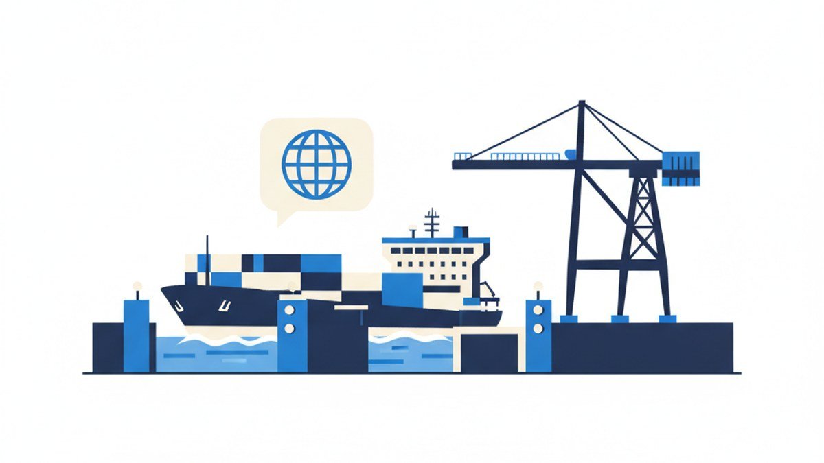 Ilustración de contenedores de carga, un barco cruzando el Canal de Panamá y profesionales de logística comunicándose en inglés