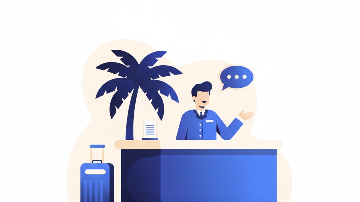 Recepcionista de hotel en Panamá atendiendo a un huésped extranjero en inglés en el lobby de un hotel boutique